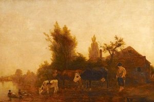 River Scene, Cows and Cow Girl