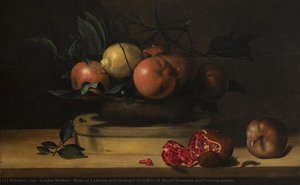 Bowl Of Lemons And Oranges On A Box Of Wood Shavings And Pomegranates — Louise Moillon