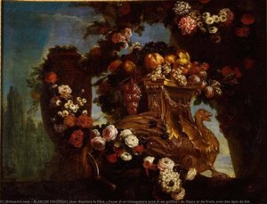 Foyer d'or triangulaire orné d'un griffon, de fleurs et de fruits avec des épis de blé