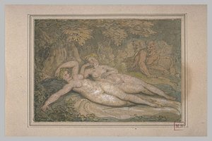 Two Nymphs Asleep, Watched By Two Satyrs — Thomas Rowlandson