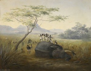 A Dead Elephant Huntsmen with Shields and Lances Dancing on the Carcass