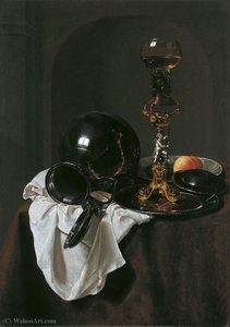 Still life with wine glass, pewter jug and other objects