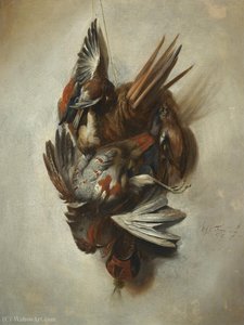 A Falconry Still Life With A Dead Partridge, Songbirds, And Hunting Attributes Hanging On A Rope — William Gowe Ferguson