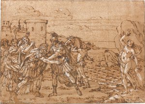 Perseus greets cepheus and cassiopea before rescuing their daughter andromeda from the sea monster