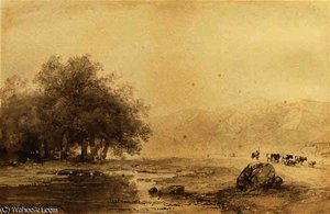 A River Landscape With Cattle On A Path — Andreas Schelfhout, Romanticism