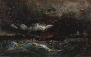 Squall, Brenton Light (boat In Storm, Lighthouse In Background) — Edward Mitchell Bannister