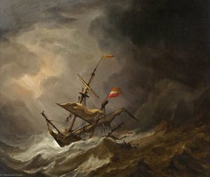 A Mediterranean Brigantine Drifting Onto A Rocky Coast In A Storm — Willem Van De Velde El Anciano, Dutch Golden Age