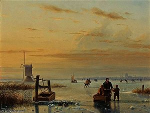 Skaters On A Frozen Waterway, Windmills In The Distance — Nicolaas Johannes Roosenboom