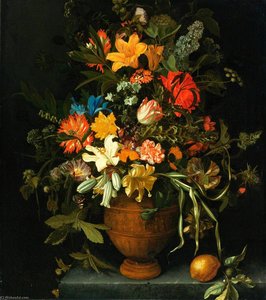 A Floral Still Life With Yellow And White Lilies, An Iris, A Sunflower, A Narcissus, Etc — Maria Van Oosterwijck