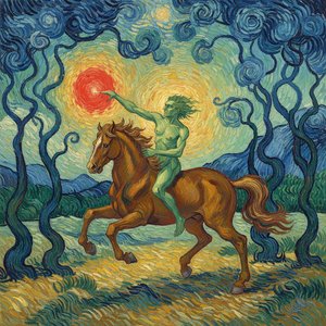 Celestial Ascent: The Crimson Radiance In Ochre And Indigo — Marc Duvallier, Post-impressionism
