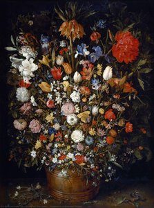 Flowers In A Wooden Vessel — Jan Brueghel The Elder, Flemish Baroque