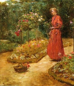 Woman Cutting Roses In A Garden — Frederick Childe Hassam, Impressionist Landscape