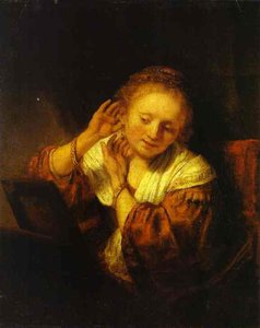 A Young Woman Trying On Earings — Rembrandt Van Rijn, Dutch Baroque
