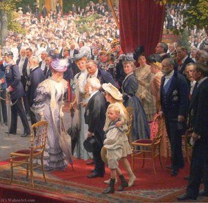 Schilderij met de schilder Menzel en Keizerin Auguste-Victoria van Duitsland