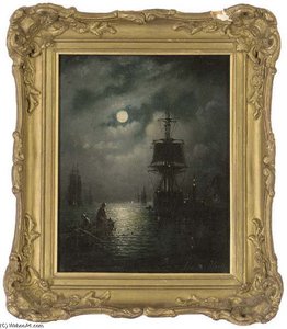 Bringing In The Nets In A Moonlit Harbour — Adolphus Knell