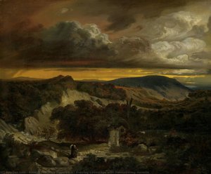Evening Landscape With Homecoming Hermits — Anselm Friedrich Feuerbach, Romantic Landscape