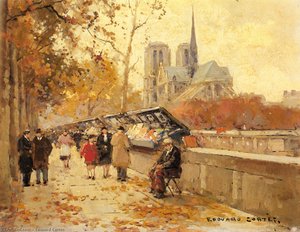 Booksellers Along The Seine, Notre-dame View — Edouard Cortès, Impressionism