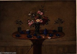 Still life with a vase of flowers and a tea service