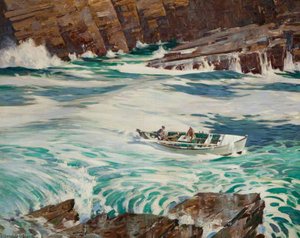 Linklater And Greig Entering Yesnaby Noust — Stanley Cursiter