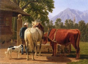 A Horse And Cow At A Well, In The Background Mountain Peak Niesen — Johann Jakob Biedermann