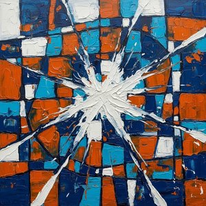 Fragmented Radiance: A Monumental Burst Of White Over Geometric Cobalt Chaos — Christian Noiret, Contemporary Abstract