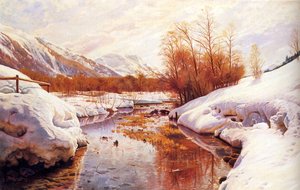 A Mountain Torrent In A Winter Landscape — Peder Mørk Mønsted