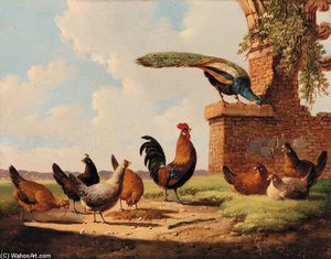 Rooster, Turkey, Chickens And Chicks By A Ruin; And Peacock, Rooster And Chickens By A Ruin; And Rooster, Chickens And Chicks By A Ruin — Albert Verhoesen