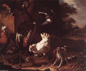 Birds And A Spaniel In A Garden — Melchior De Hondecoetter, Baroque