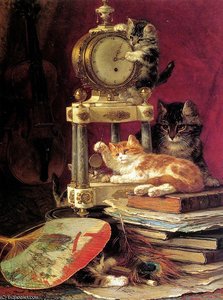 Kittens Playing Peacocks Feather Sun — Henriette Ronner Knip, Romanticism