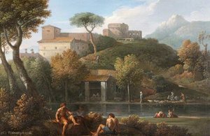 Two Men Conversing By A Lake Beneath A Castle — Jan Frans Van Bloemen