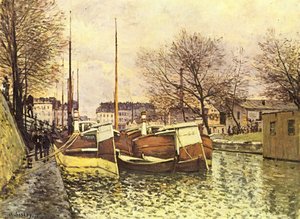 Barges On The Canal Saint Martin In Paris — Alfrēd Sislē, Impressionist Landscape