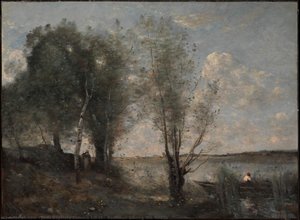 Boatman Among The Reeds — Jean-baptiste-camille Corot, Romantic Landscape Painting