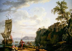 Fishermen By A Moored Vessel With A Village — Jacob Philippe Hackert