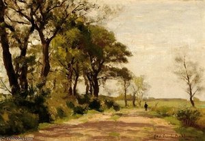 Strolling Figures On A Country Road Lined With Trees