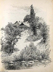 Houses By Stream — John Ottis Adams