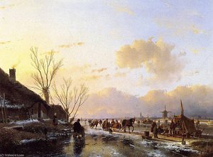 People On Frozen River Sun — Andreas Schelfhout