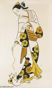 Japonaise En Kimono Jouant Avec Un Chat — Léonard Tsuguharu Foujita