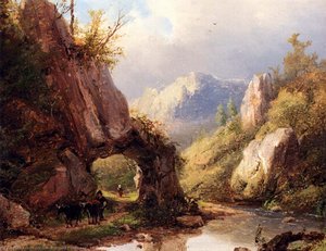 Bernhard A Mountain Valley With A Peasant And Cattle Passing Along A Stream — Johann Bernard Klombeck