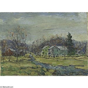 Houses ^ Stream In Fall — Walter Emerson Baum, Impressionism
