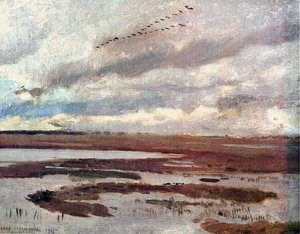 Cranes, Landscape From Meadow — Józef Chełmoński