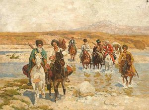 Tscherkessen Zu Pferd Überqueren Einen Fluss — Franz Roubaud