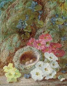 Primroses And A Bird's Nest On A Mossy Bank — Vincent Clare