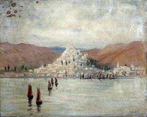 Landscape With A Hillside Town And Mountains Overlooking Water And Boats — Caroline Emily Gray Hill