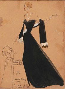Drawing, girl in A-line skirt, twin set and hat