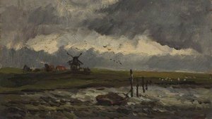 River With Windmill, Stormy Sky — George Hornblower Simms