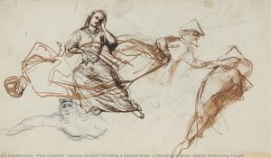 Various Studies Including A Seated Nude, A Standing Woman, And An Embracing Couple — Paul Cézanne, Post-impressionist