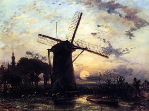 Boatman by a Windmill at Sundown