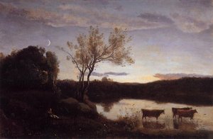 Pond With Three Cows And A Crescent Moon — Jean-baptiste-camille Corot, Realism Landscape