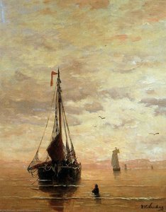 Ships On A Calm Sea Near The Coast Sun — Hendrik Willem Mesdag