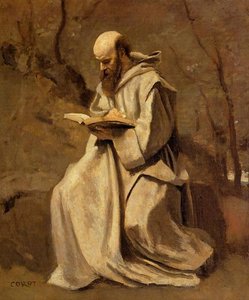 Monk In White, Seated, Reading — Jean-baptiste-camille Corot, Academic Art